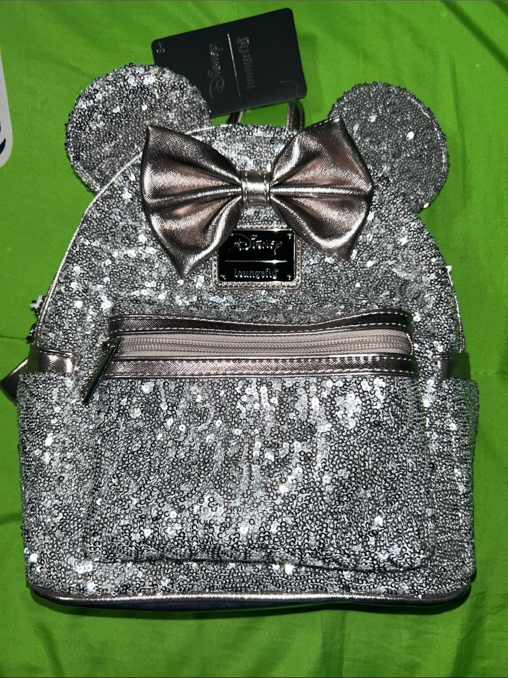 Loungefly Silver Sequin Minnie Ear Backpack with Metallic Bow